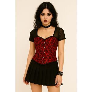 Red and Black Corset Top Tie Back and Front Hooks Damask Lace Print Sz M Sexy
